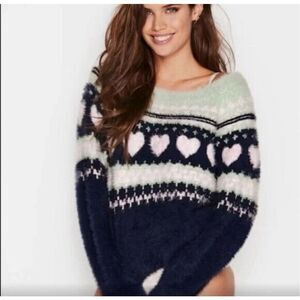 Victoria’s Secret Women’s Large Fuzzy Sweater Eyelash Fair Isle Hearts